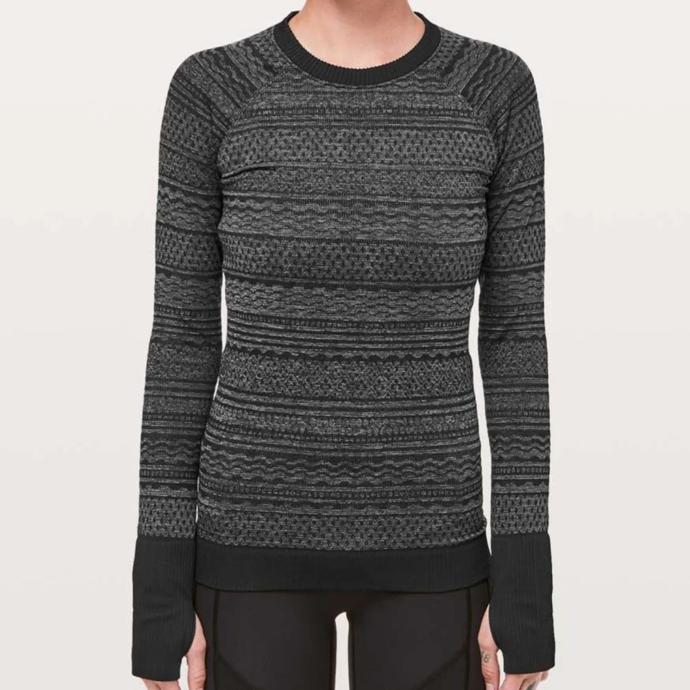 Sz 8 Lululemon Rest Less Pullover black grey print combo crew neck layer stretch - Picture 1 of 10